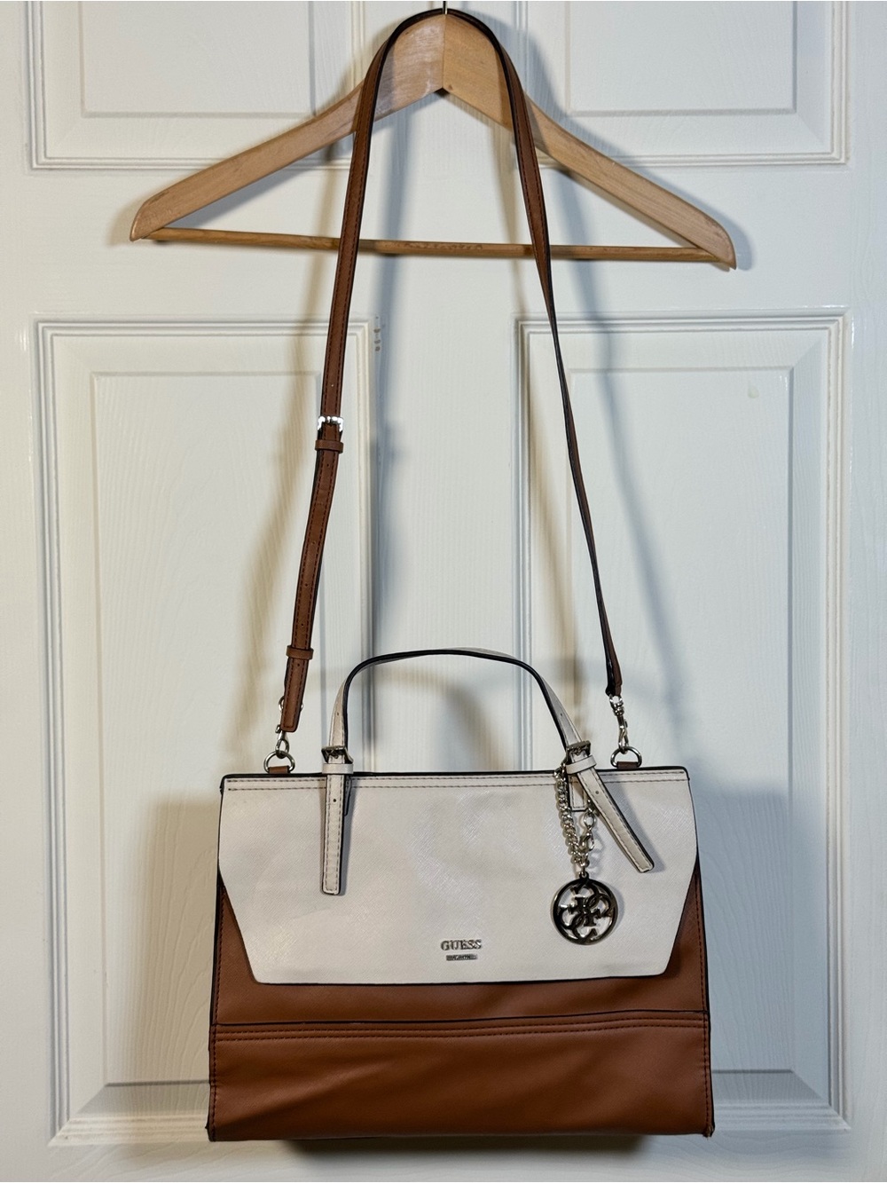Guess White and Brown Convertible Satchel with Charm